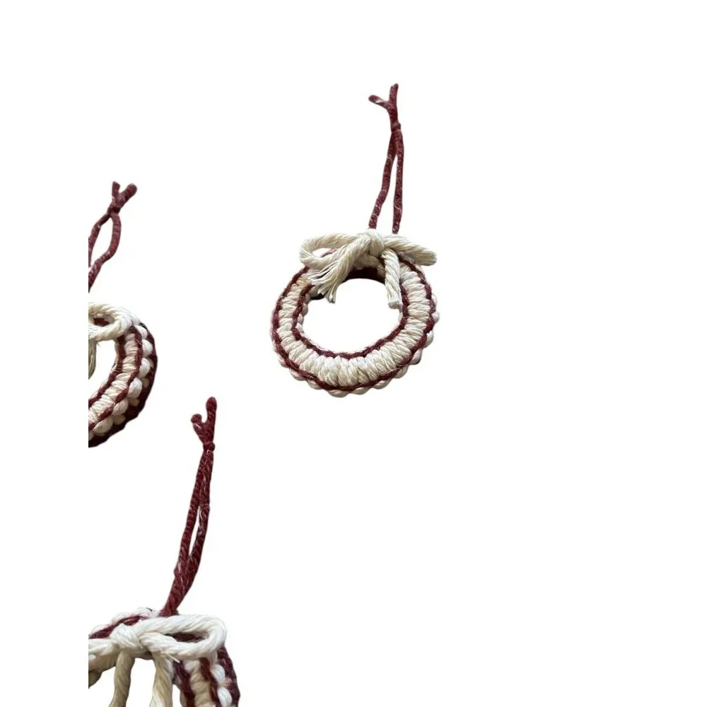 Handmade 6 pack of wool yarn wreath ornaments Burgundy/Cream Holiday Christmas